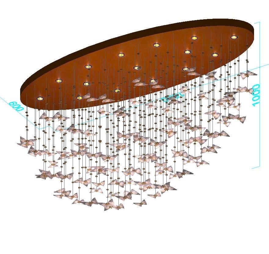 Đèn chùm pha lê thả thông minh PL064 gồm mâm Elip inox gương vàng 8k, 115 bướm và 15 đèn dimmer 3 màu điều khiển xa D40, KT(mm): L1800xW600xH1000